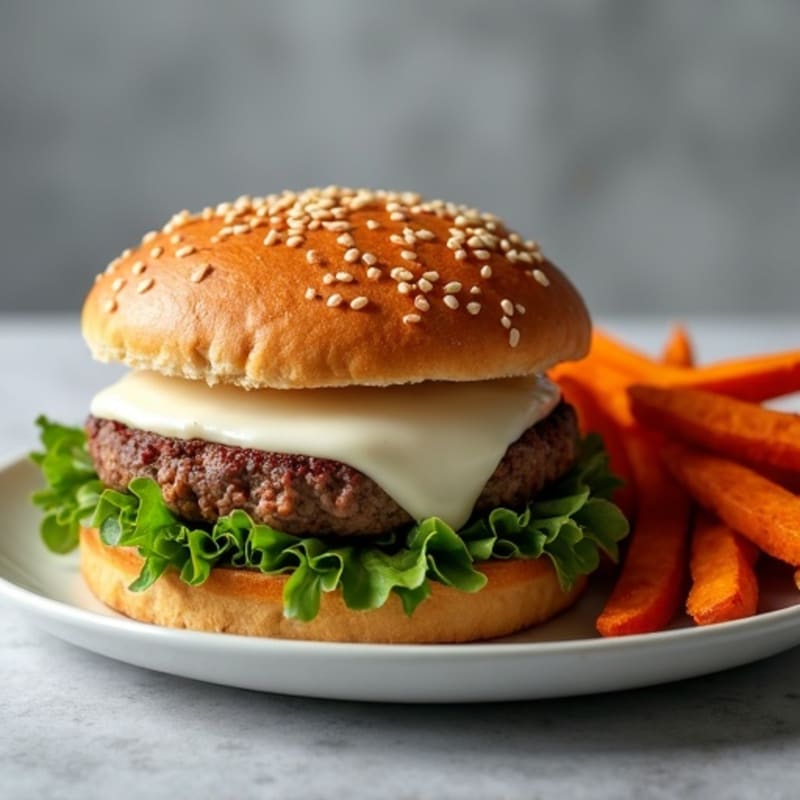 Crispy Mozzarella-Topped Lean Beef Burger with Roasted Sweet Potato Fries