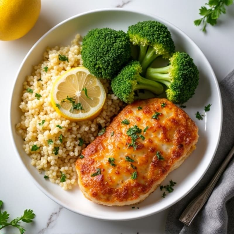 Crispy Lemon Herb Chicken with Fluffy Quinoa and Roasted Broccoli