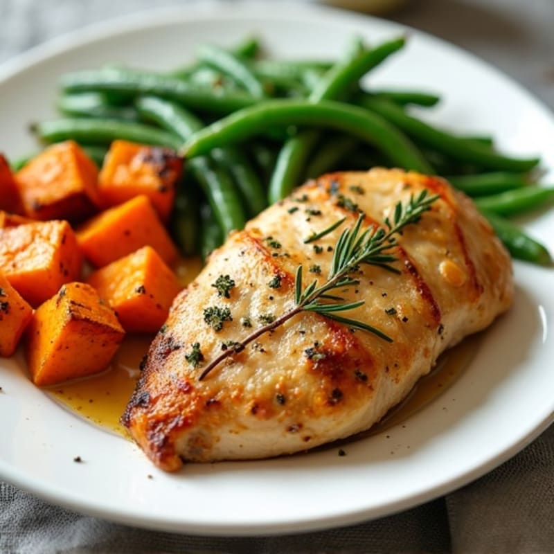 Garlic Herb Roasted Chicken with Sweet Potatoes and Green Beans