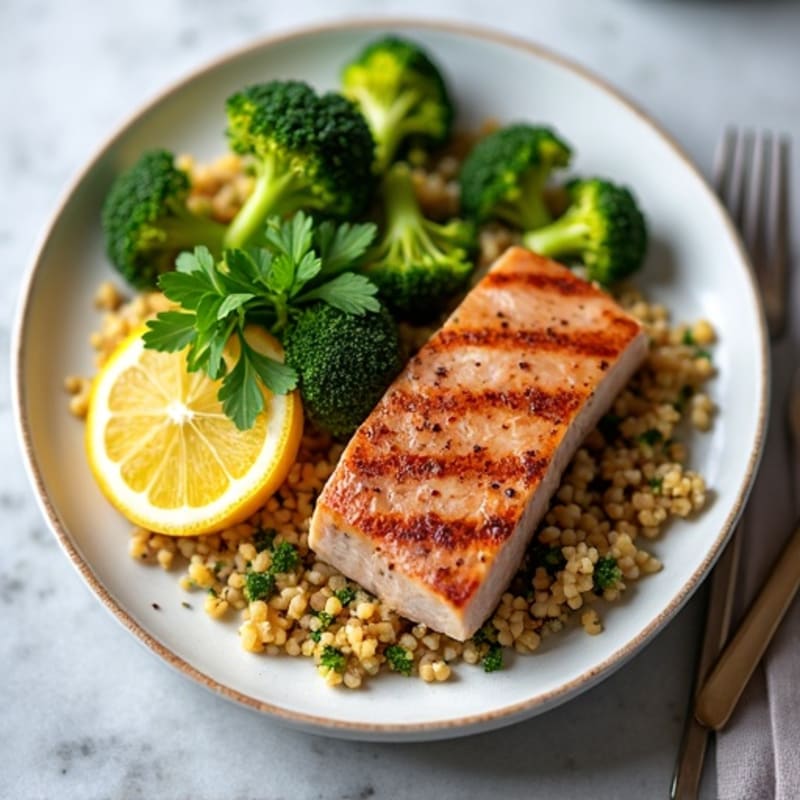Seared Tuna Steak with Crispy Roasted Broccoli and Lemon-Herb Quinoa