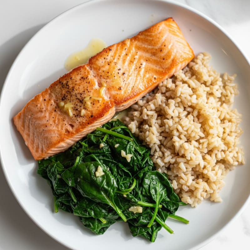 Seared Salmon with Garlic Sautéed Spinach and Brown Rice