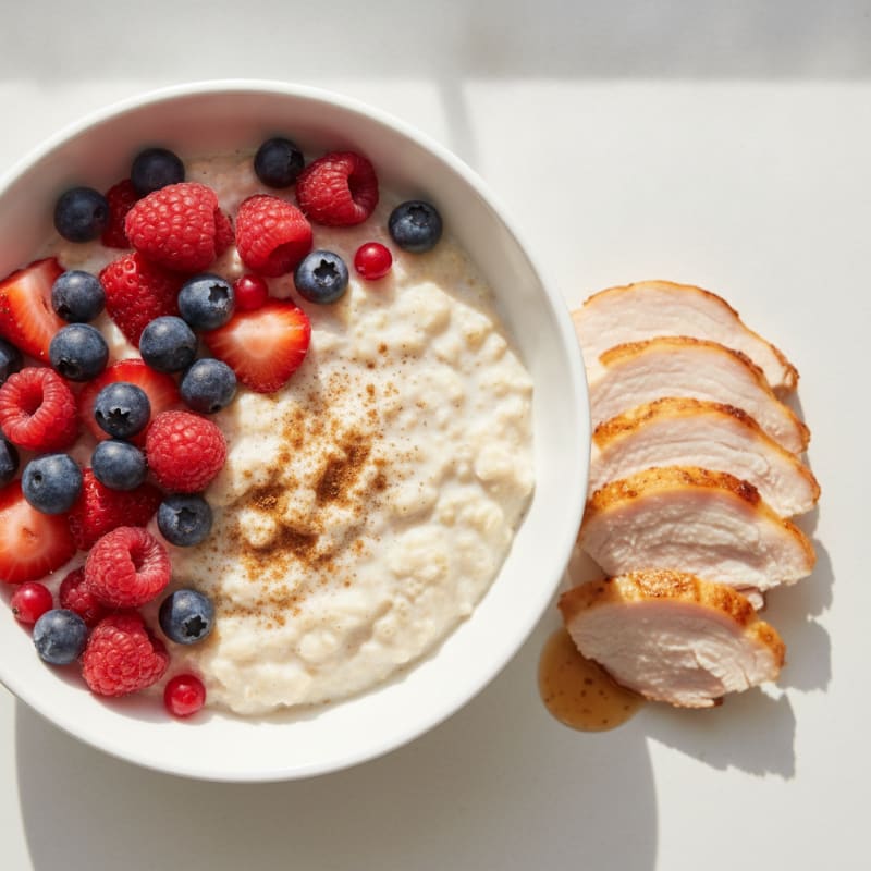 Egg White Oatmeal with Mixed Berries and Sliced Turkey Breast