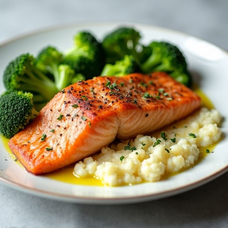 Seared Salmon with Steamed Broccoli and Garlic Cauliflower Mash