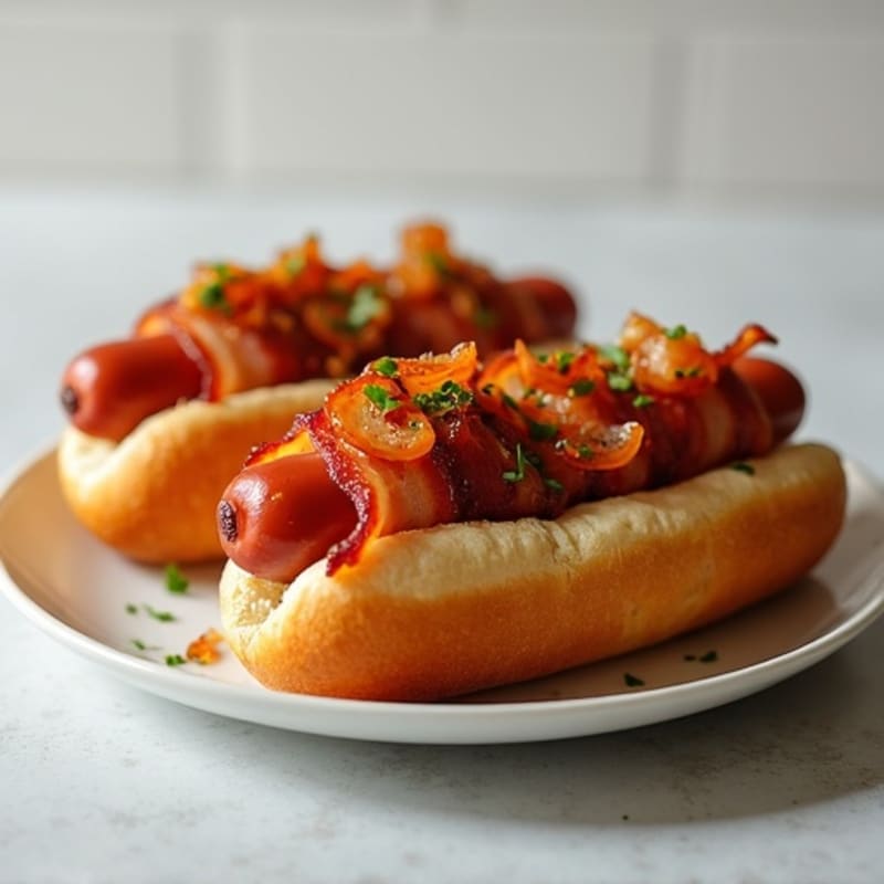 Lean Turkey Dogs with Turkey Bacon and Caramelized Onions