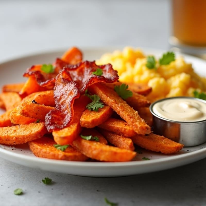 Crispy Roasted Sweet Potato Fries with Smoky Bacon and Creamy Cheese Sauce