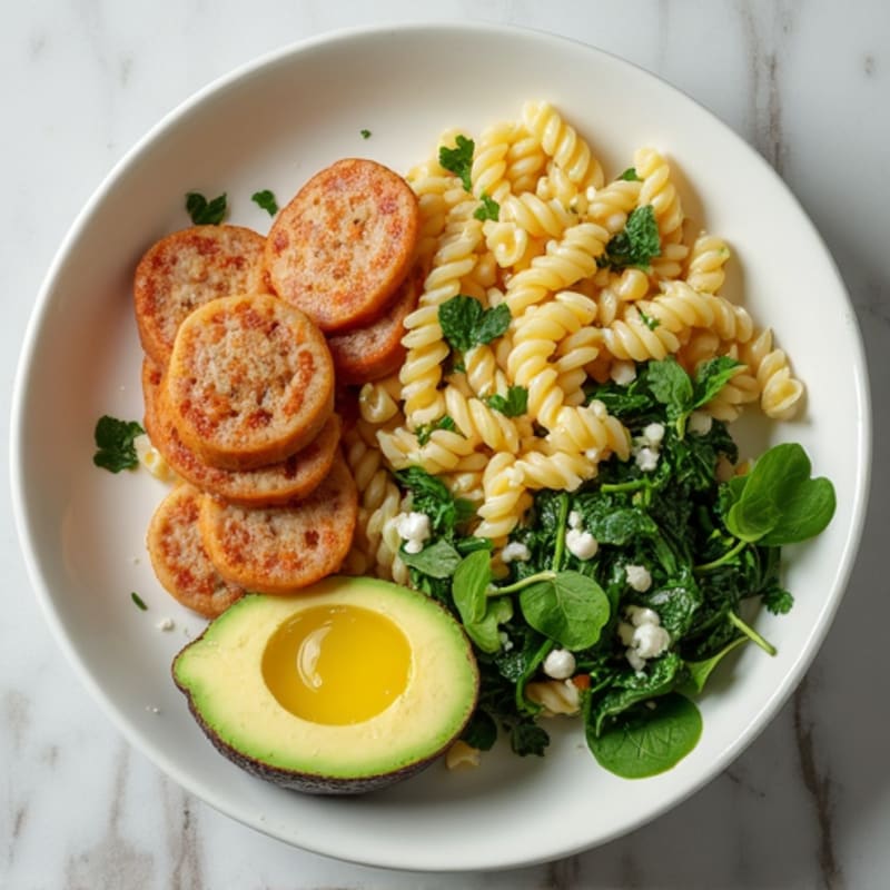 Egg White and Spinach Scramble with Turkey Sausage and a Side of Whole Wheat Pasta