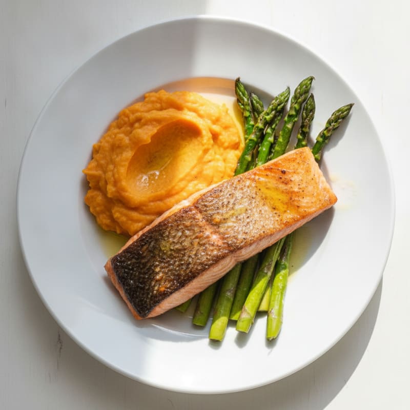 Seared Salmon Fillet with Roasted Asparagus and Sweet Potato Mash