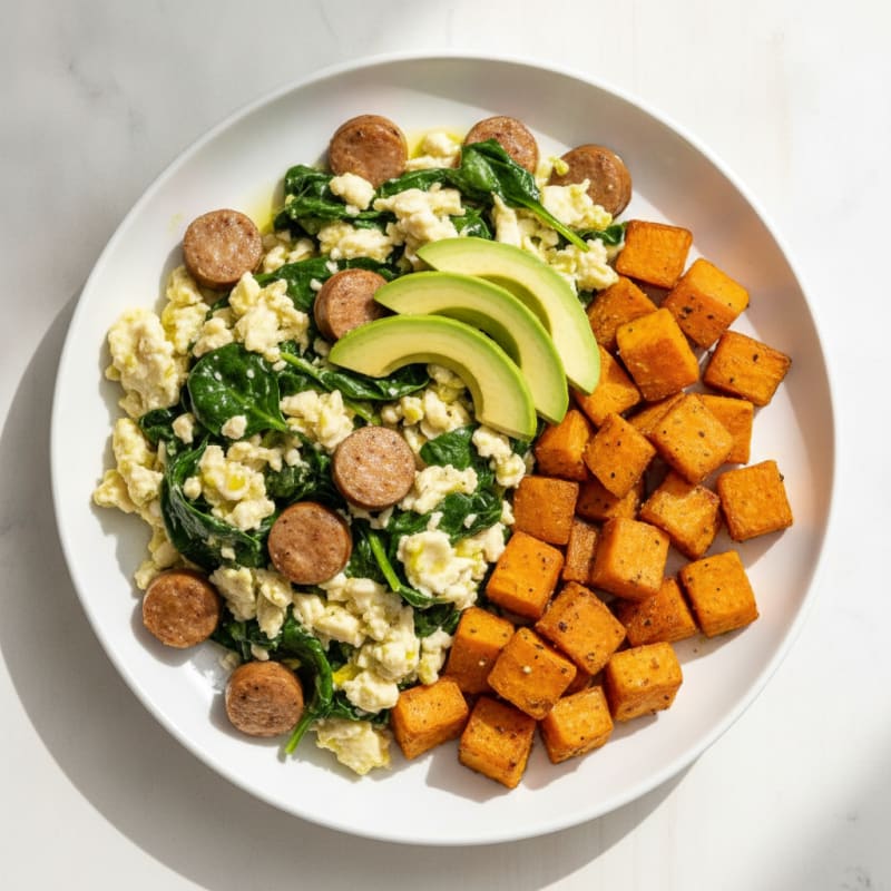 Egg White Scramble with Sautéed Spinach and Turkey Sausage