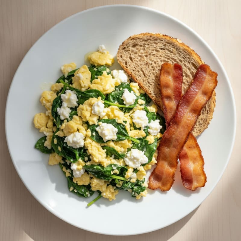 Cottage Cheese Scramble with Spinach and Turkey Bacon