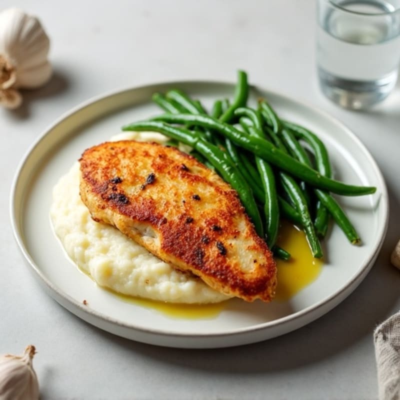 Crispy Pan-Seared Chicken with Creamy Garlic Mashed Potatoes and Fresh Green Beans