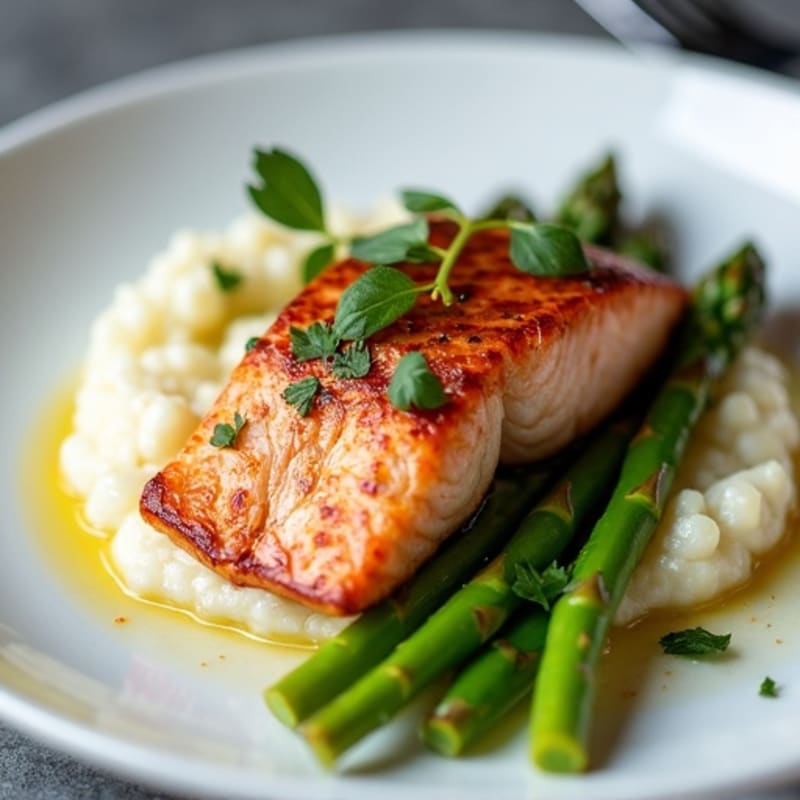 Seared Salmon with Steamed Asparagus and Cauliflower Mash