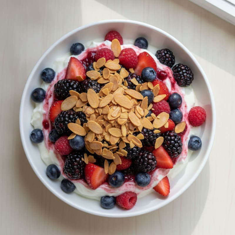 Vanilla Greek Yogurt Protein Parfait with Mixed Berries and Almonds