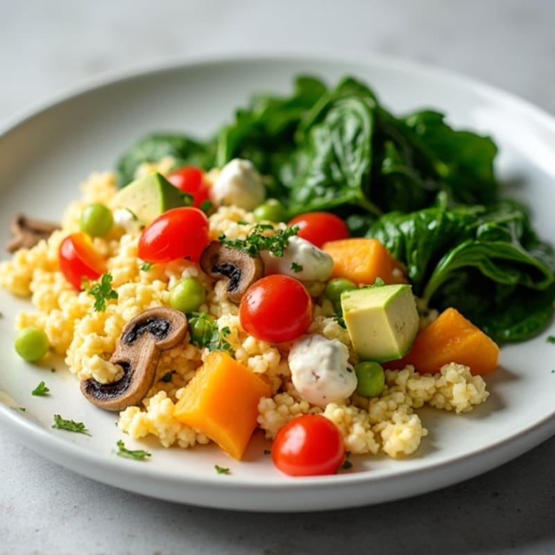 Egg White Vegetable Scramble with Cottage Cheese and Sautéed Spinach