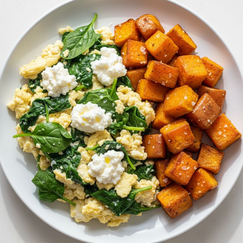 Egg White and Spinach Scramble with Cottage Cheese and Roasted Sweet Potato