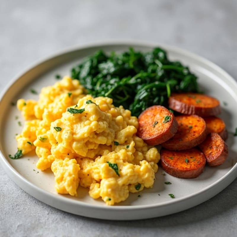 Fluffy Egg Scramble with Lean Turkey Sausage, Sautéed Spinach, and Roasted Sweet Potatoes