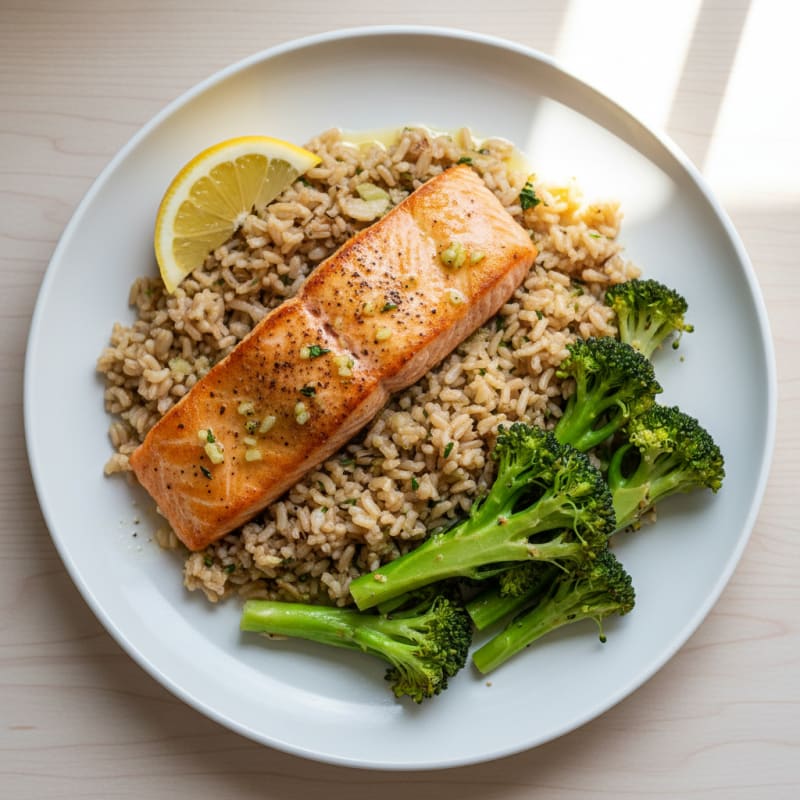Seared Salmon Fillet with Garlic Broccoli and Brown Rice Pilaf