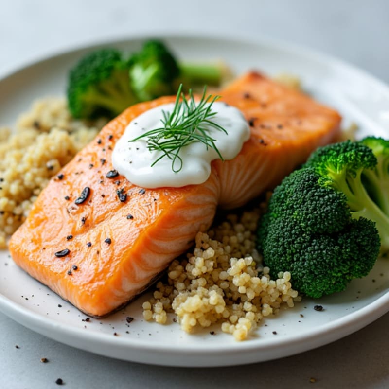 Seared Salmon with Steamed Broccoli and Quinoa (with Greek Yogurt Drizzle)