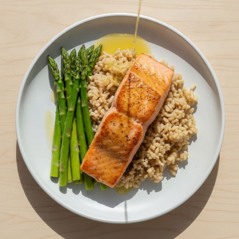 Seared Salmon with Steamed Asparagus and Brown Rice