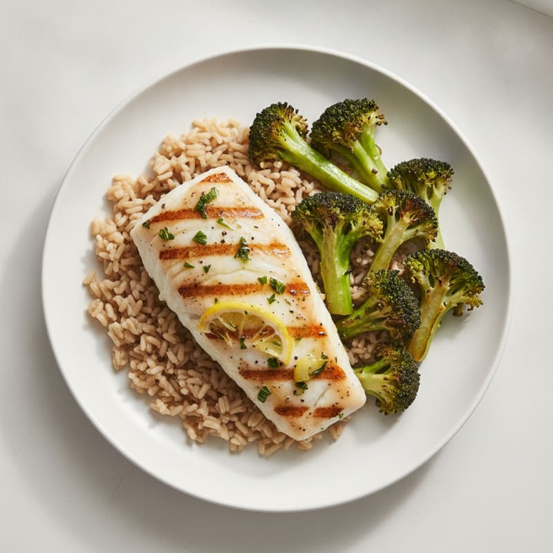 Grilled Fish with Brown Rice and Roasted Broccoli