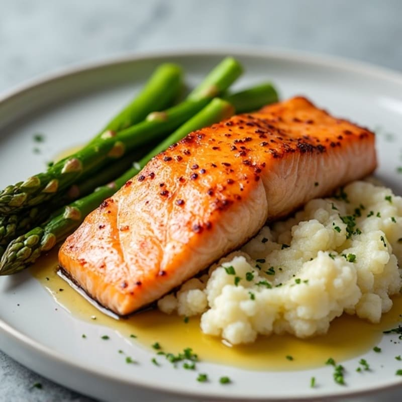 Seared Salmon with Steamed Asparagus and Garlic Mashed Cauliflower