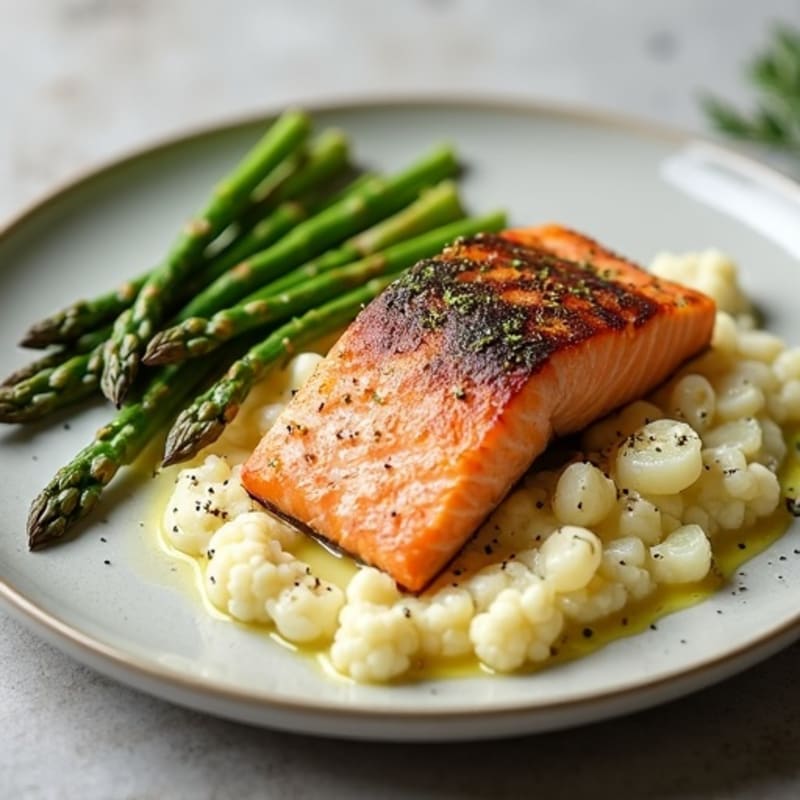 Seared Salmon with Steamed Asparagus and Cauliflower Mash