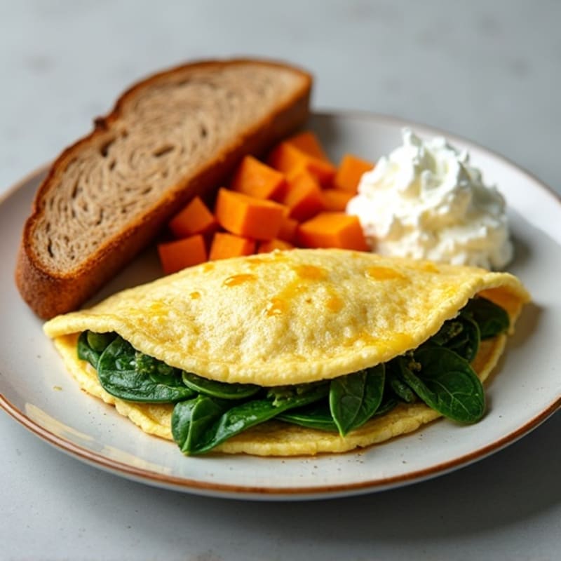 Egg White Spinach Omelet with Cottage Cheese, Sweet Potato, and Whole Grain Toast