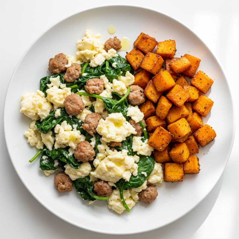 Egg White and Turkey Sausage Scramble with Spinach and Roasted Sweet Potato