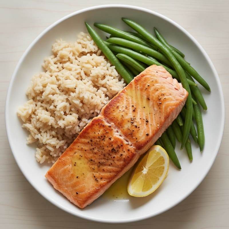 Seared Salmon Fillet with Steamed Green Beans and Brown Rice
