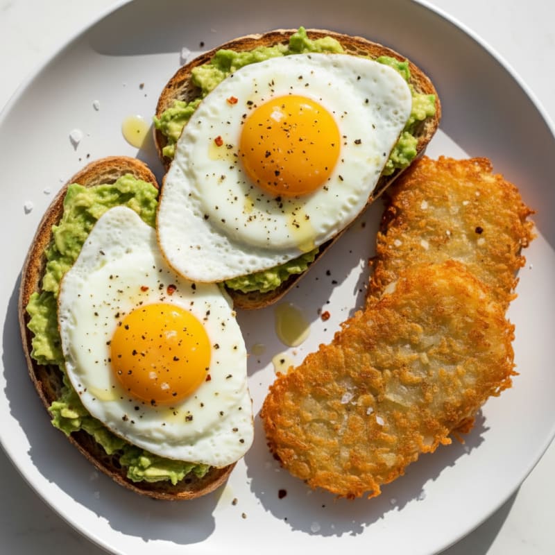 Sourdough Avocado Toast with Fried Eggs and Hash Browns