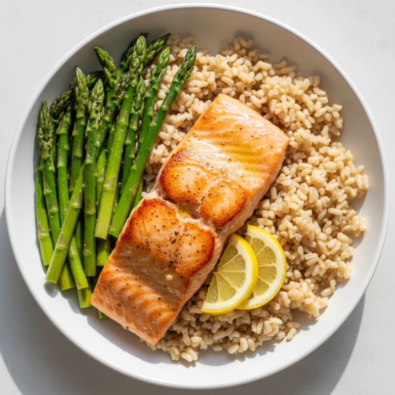Pan-Seared Salmon with Steamed Asparagus and Brown Rice
