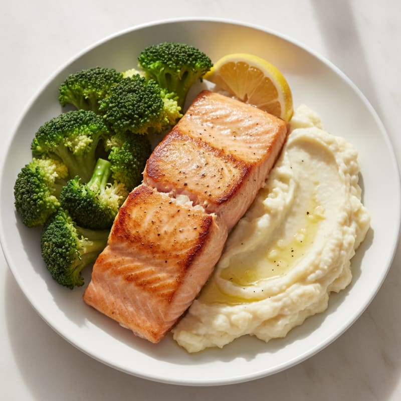 Seared Salmon with Steamed Broccoli and Garlic Mashed Cauliflower