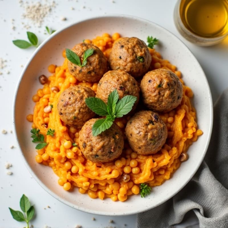 Herb-Roasted Turkey Meatballs with Chickpea Pasta and Sweet Potato Mash