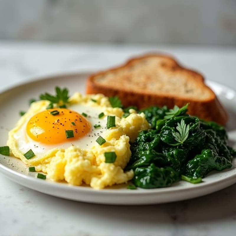 Fluffy Egg White Scramble with Fresh Herbs and Sautéed Spinach