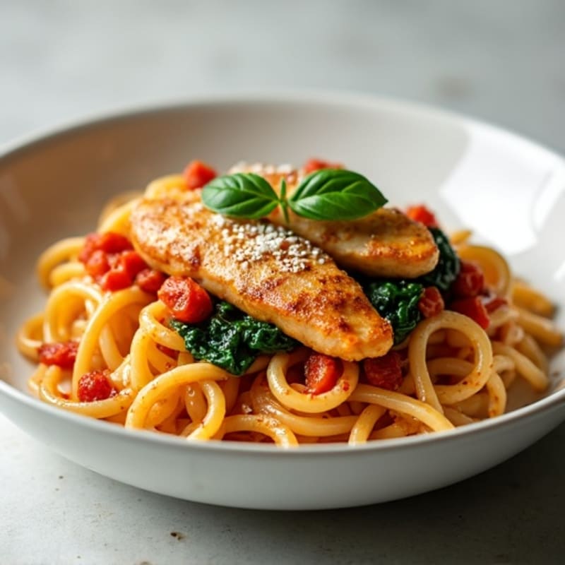 Whole Wheat Pasta with Creamy Chicken, Spinach, and Robust Tomato Sauce