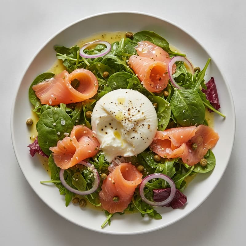 Smoked Salmon Burrata Salad with Mixed Greens