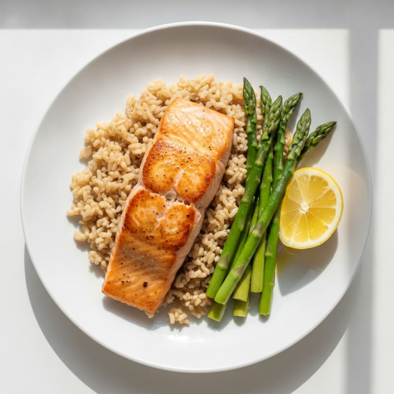 Seared Salmon Fillet with Steamed Asparagus and Brown Rice