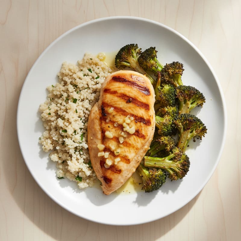 Grilled Lemon Garlic Chicken Breast with Quinoa and Roasted Broccoli