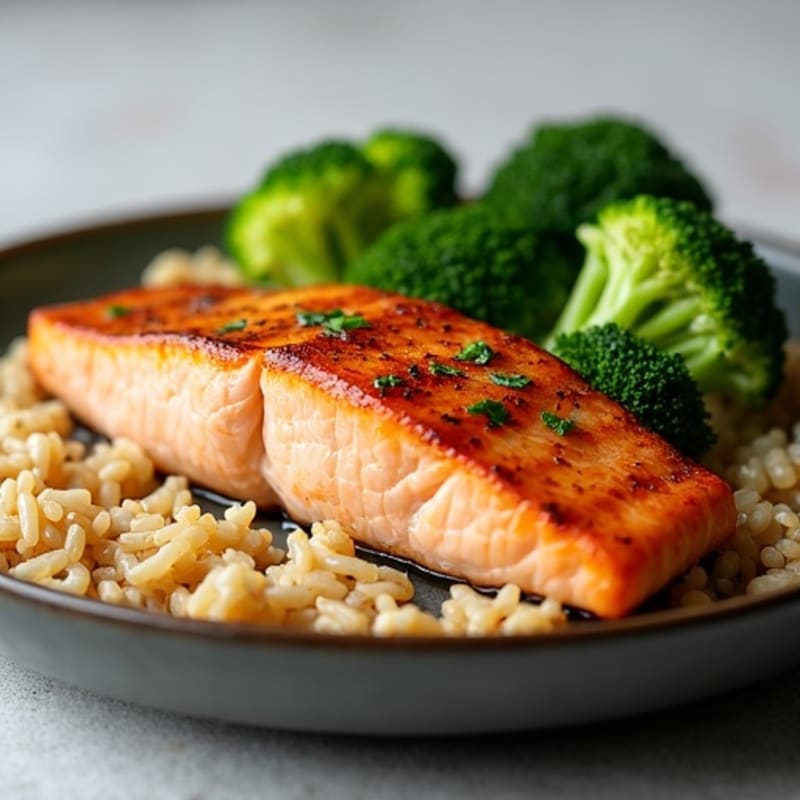 Seared Salmon with Steamed Broccoli and Brown Rice