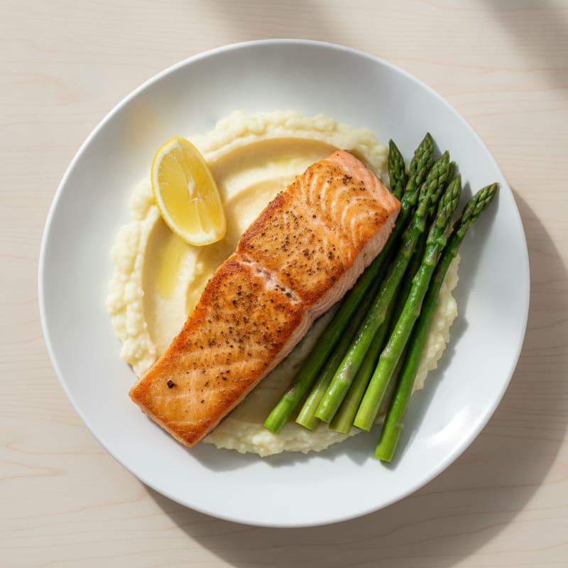 Seared Salmon with Steamed Asparagus and Garlic Mashed Cauliflower