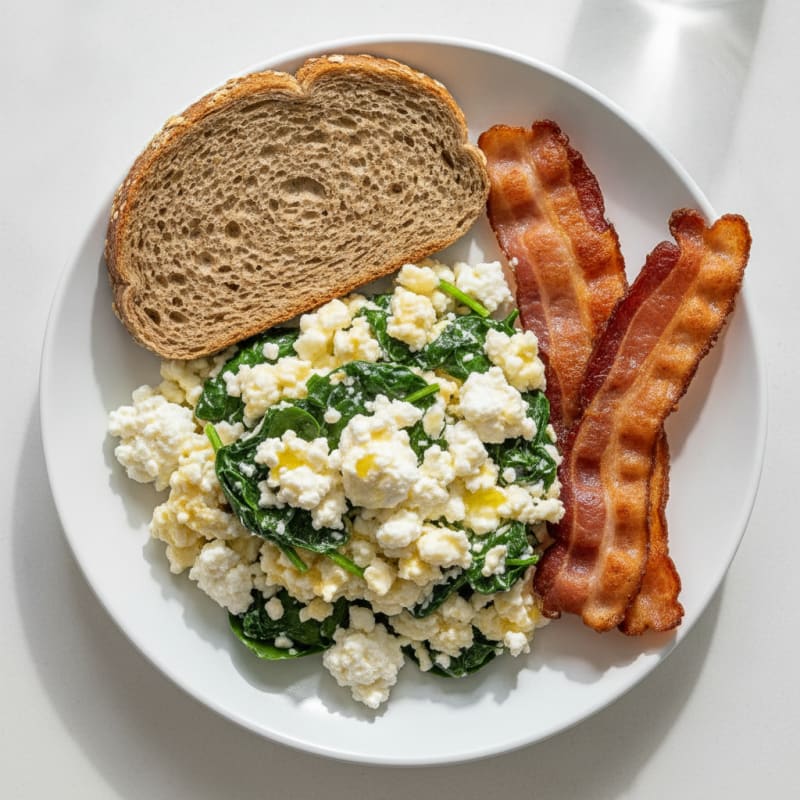 Egg White and Spinach Scramble with Cottage Cheese and Turkey Bacon