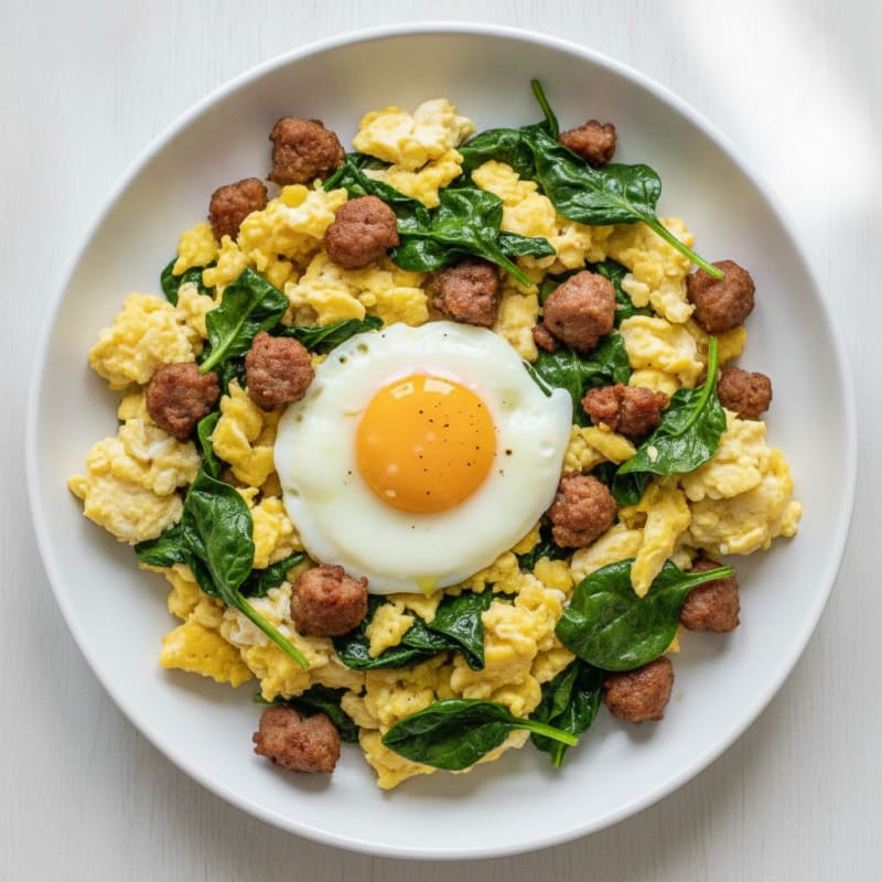 Scrambled Egg Whites with Turkey Sausage and Sautéed Spinach