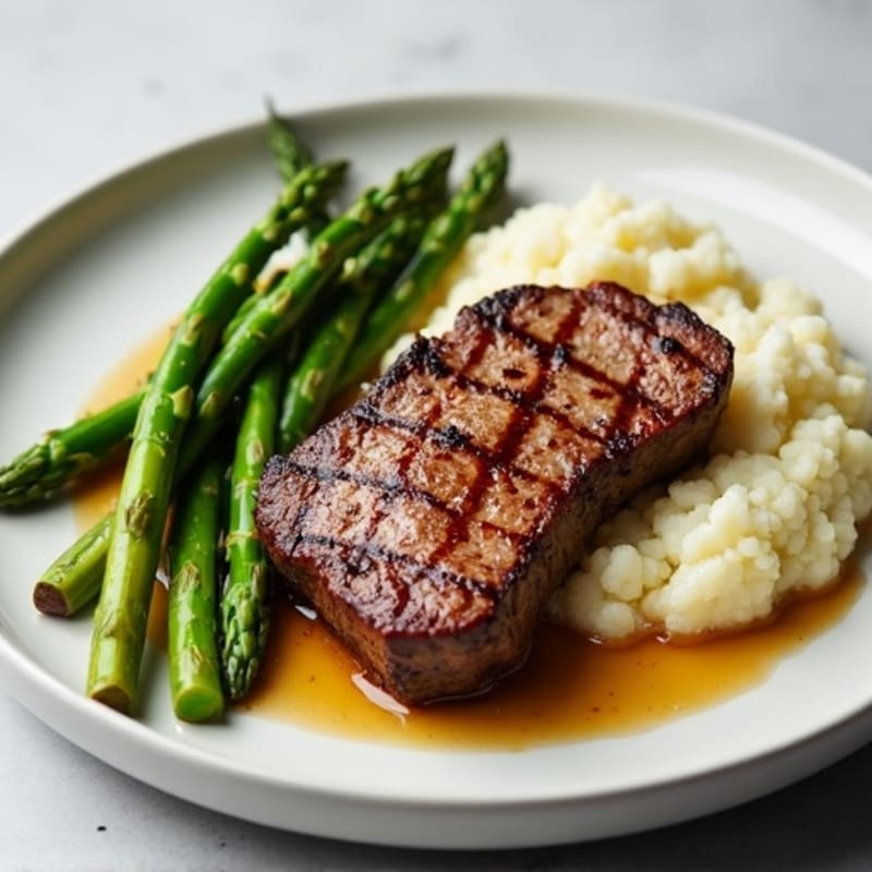 Seared Lean Beef with Steamed Asparagus and Cauliflower Mash