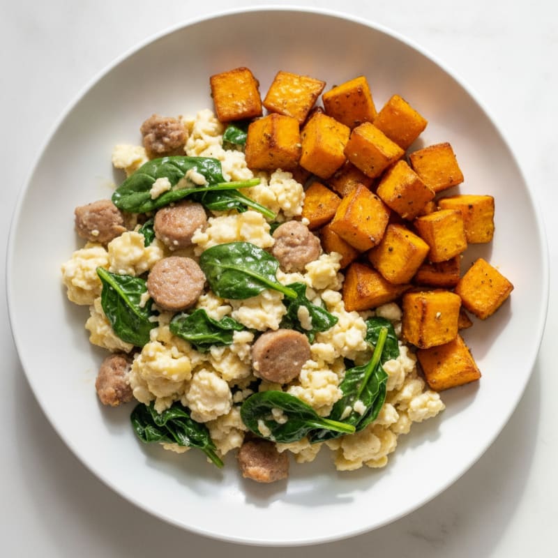 Egg White and Turkey Sausage Scramble with Spinach and Roasted Sweet Potato