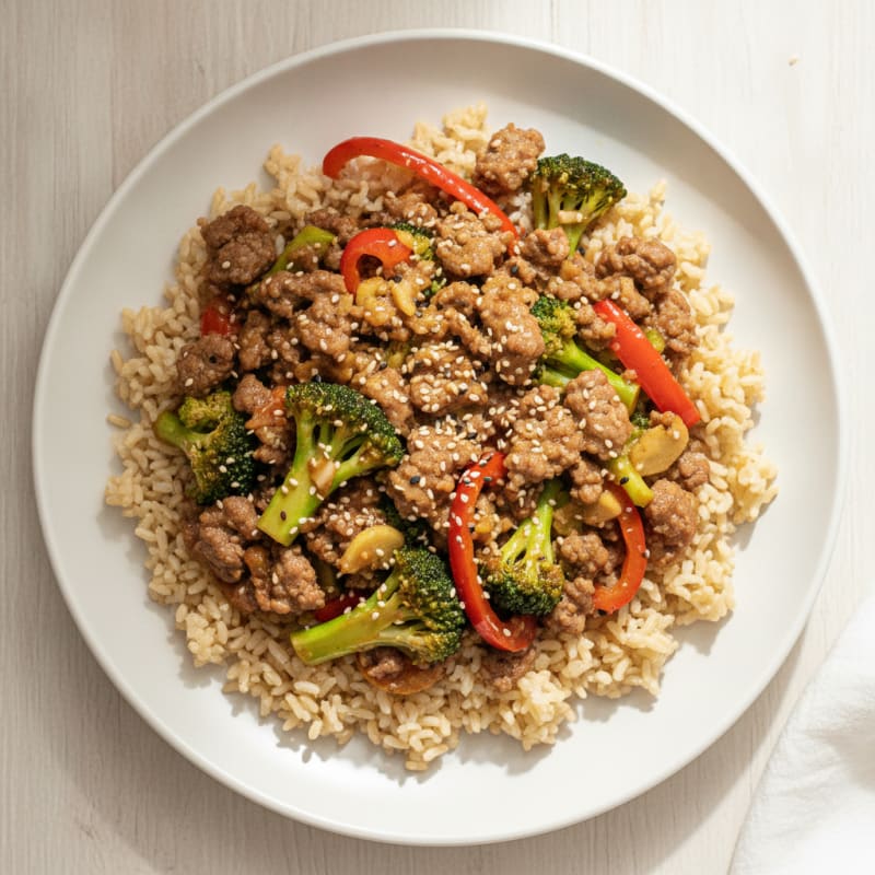 Lean Ground Beef and Vegetable Stir Fry with Brown Rice