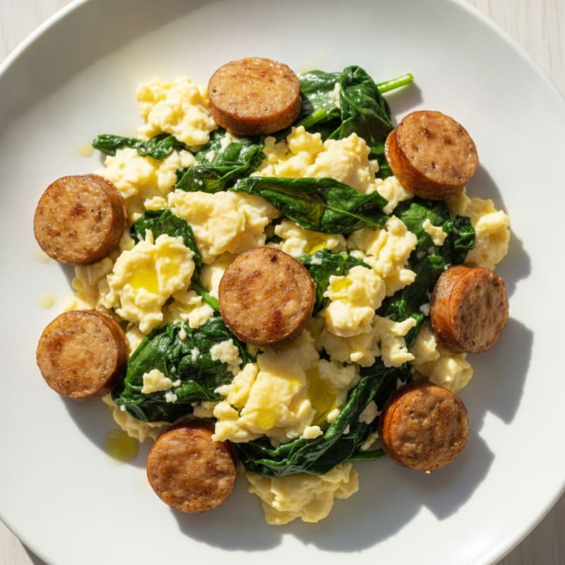 Scrambled Eggs with Sautéed Spinach and Chicken Sausage