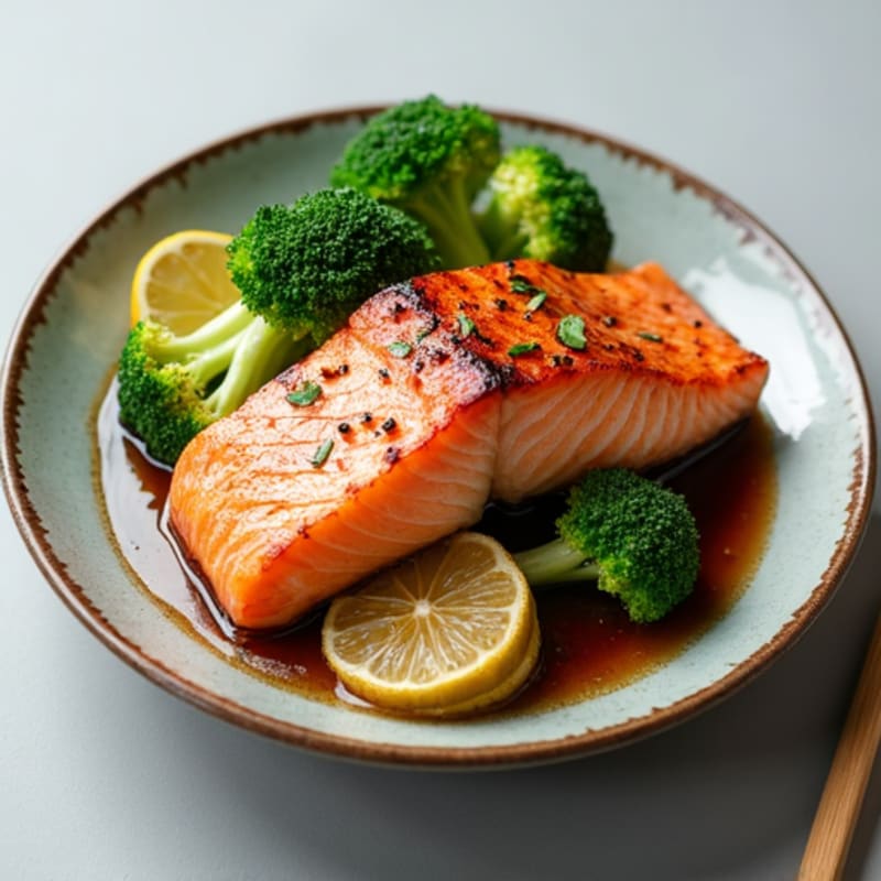 Grilled Salmon Filet with Steamed Broccoli and Pickled Ginger