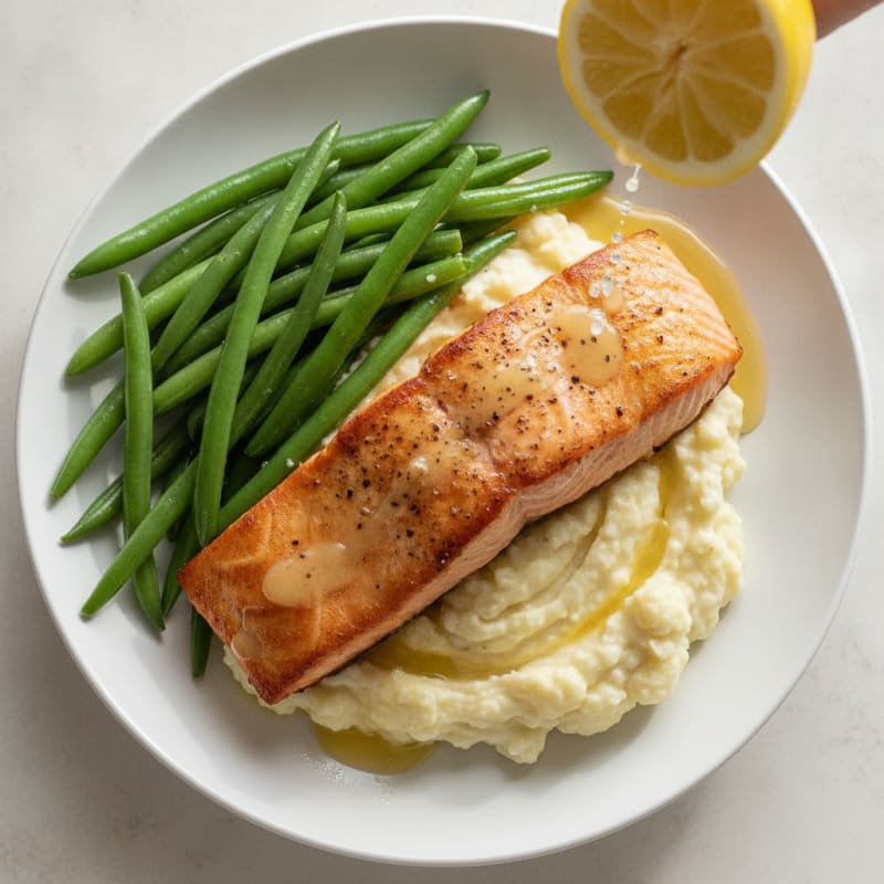 Seared Salmon with Steamed Green Beans and Garlic Mashed Cauliflower