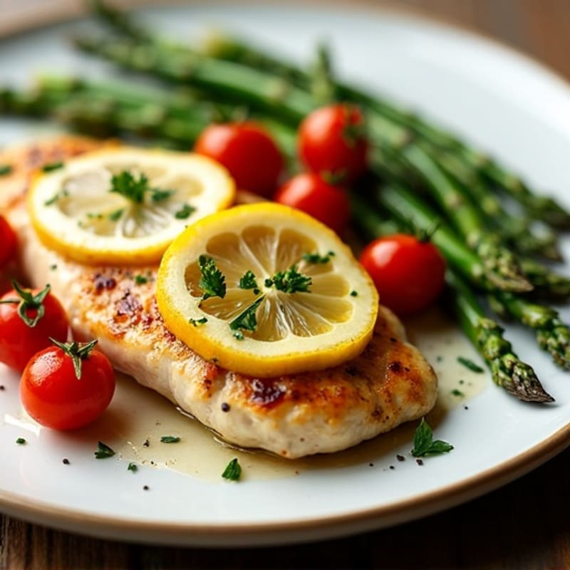 Pan-Seared Lemon-Herb Chicken Breast with Roasted Asparagus and Cherry Tomatoes