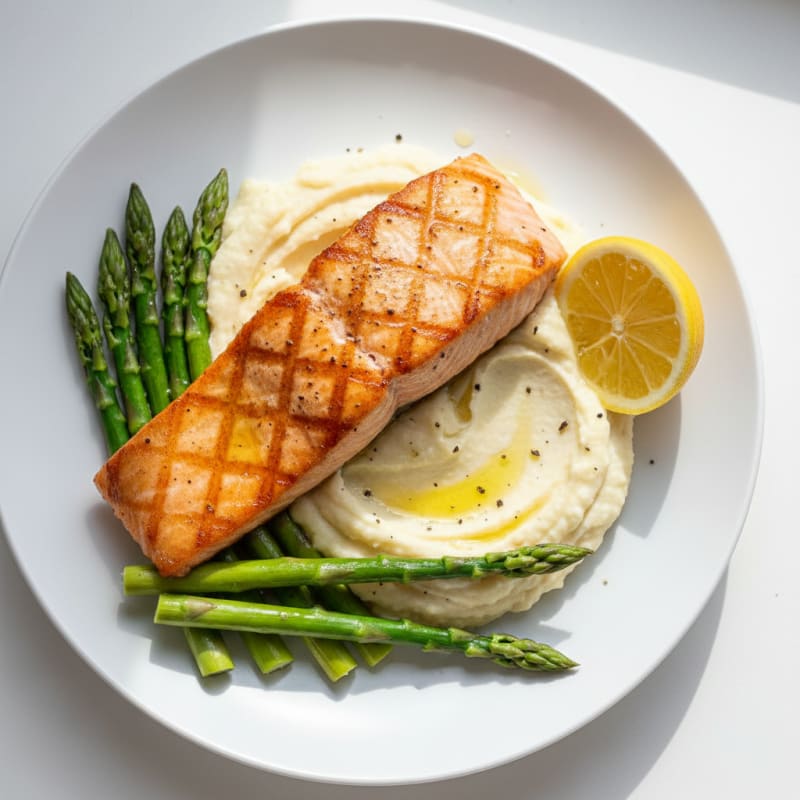 Seared Salmon Fillet with Steamed Asparagus and Cauliflower Mash
