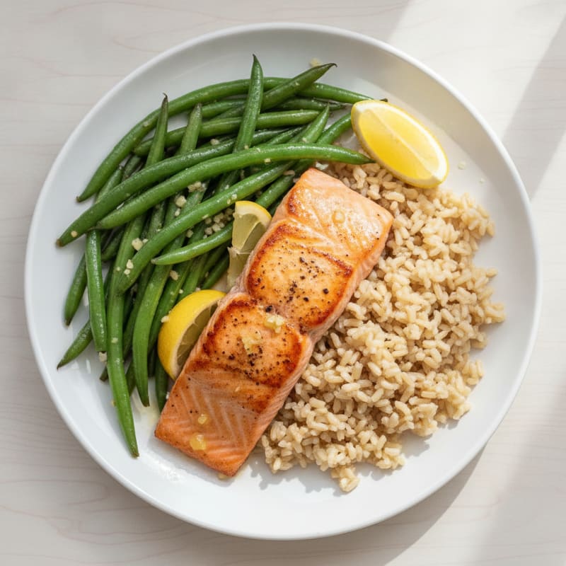 Seared Salmon with Garlic Green Beans and Brown Rice